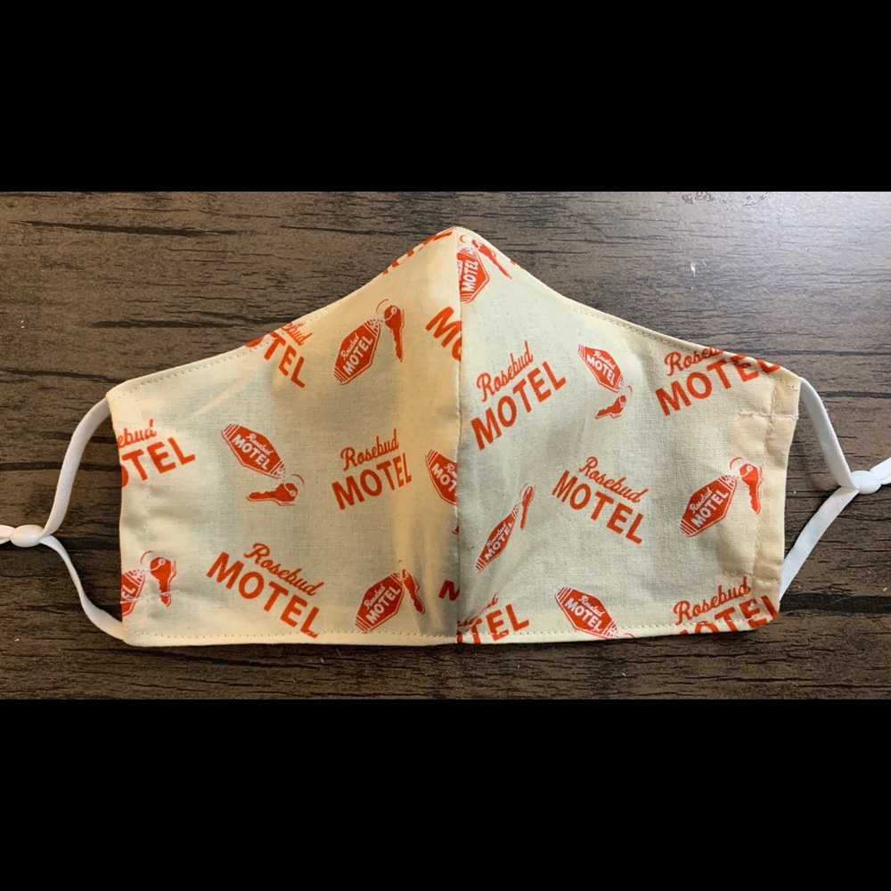 Fitted Schitts Creek Rosebud Motel mask with adjustable ear loops